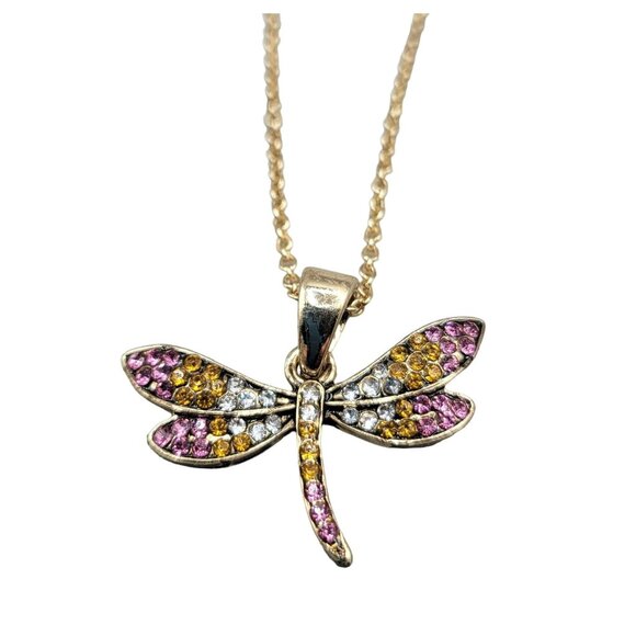 Dragonfly Rhinestone Encrusted Crystals Pendant Necklace Gold Tone 17" Chain - Picture 1 of 4